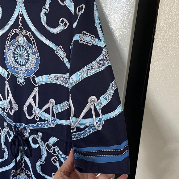 J.McLaughlin Small Navy and Light Blue Chain Print 3/4‎ Sleeve Dress - Picture 3 of 6